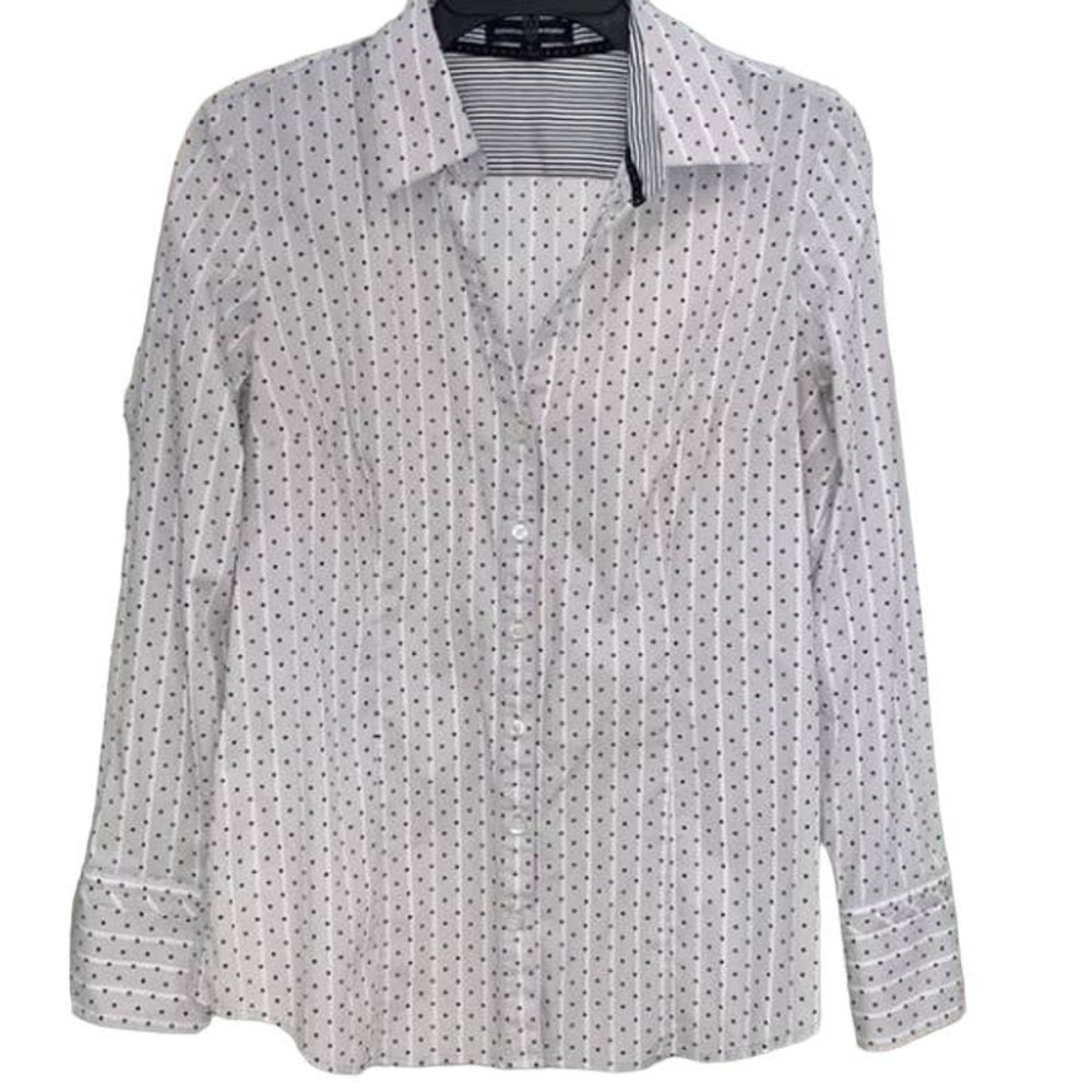 Express Design Studio Grey with White Stipes & Black Polka Dots Button Down - M